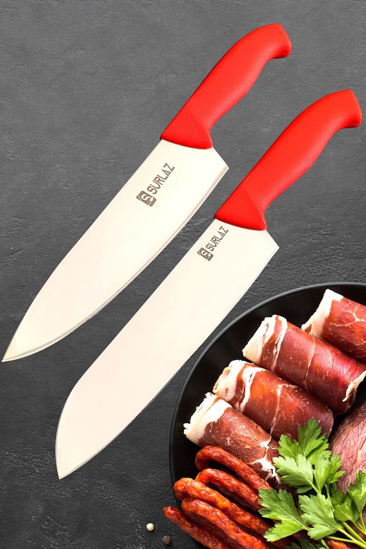 Profesyonel Şef Bıçağı 2 'li Set Yatağan Nakiri Red Craft