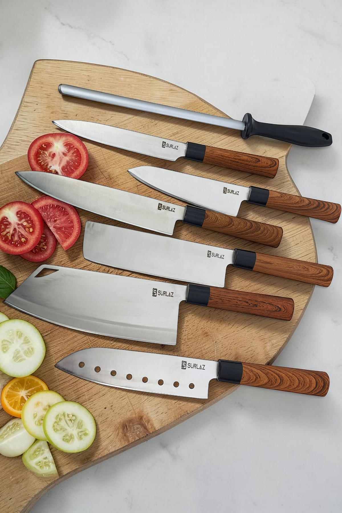 0S92-7 Parça Vintage Bıçak Seti Şef Bıçağı Nakiri Şef Bıçağı Santoku Şef
