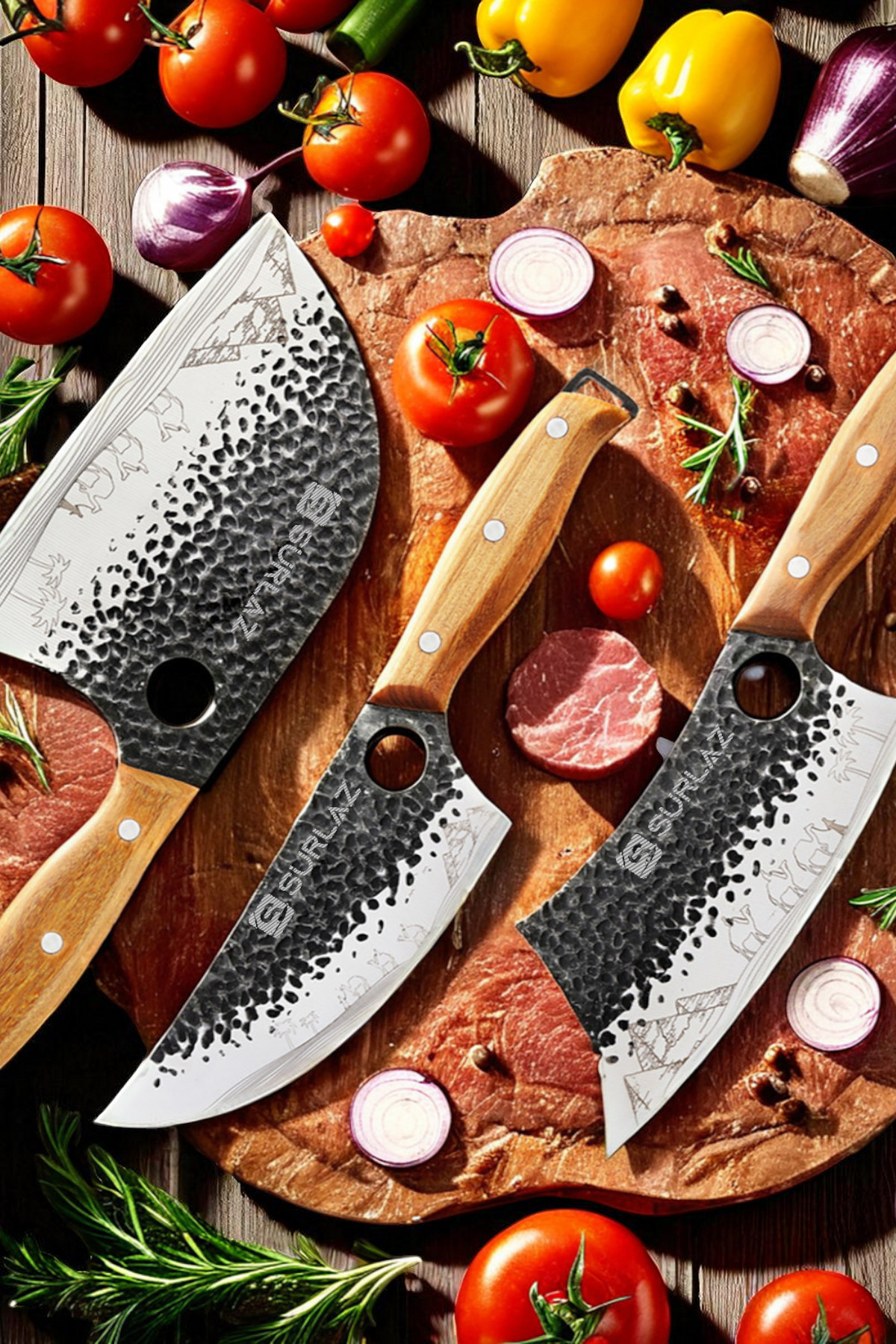 0B51-Premium Dövme Bıçak Seti 3 Parça Pratik Et Bıçakları Kamp Mutfağı Hediyelik Bıçak - Görsel 3